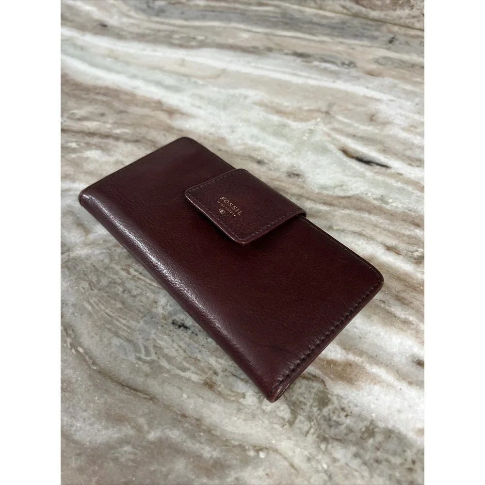 FOSSIL‎ Logan Tab Leather Card Holder Wallet Clutch Burgundy Maroon